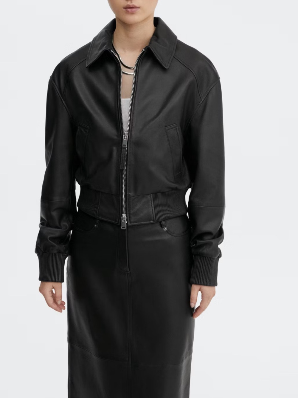 Mango Leather Aviation Bomber Jacket Black M NWT